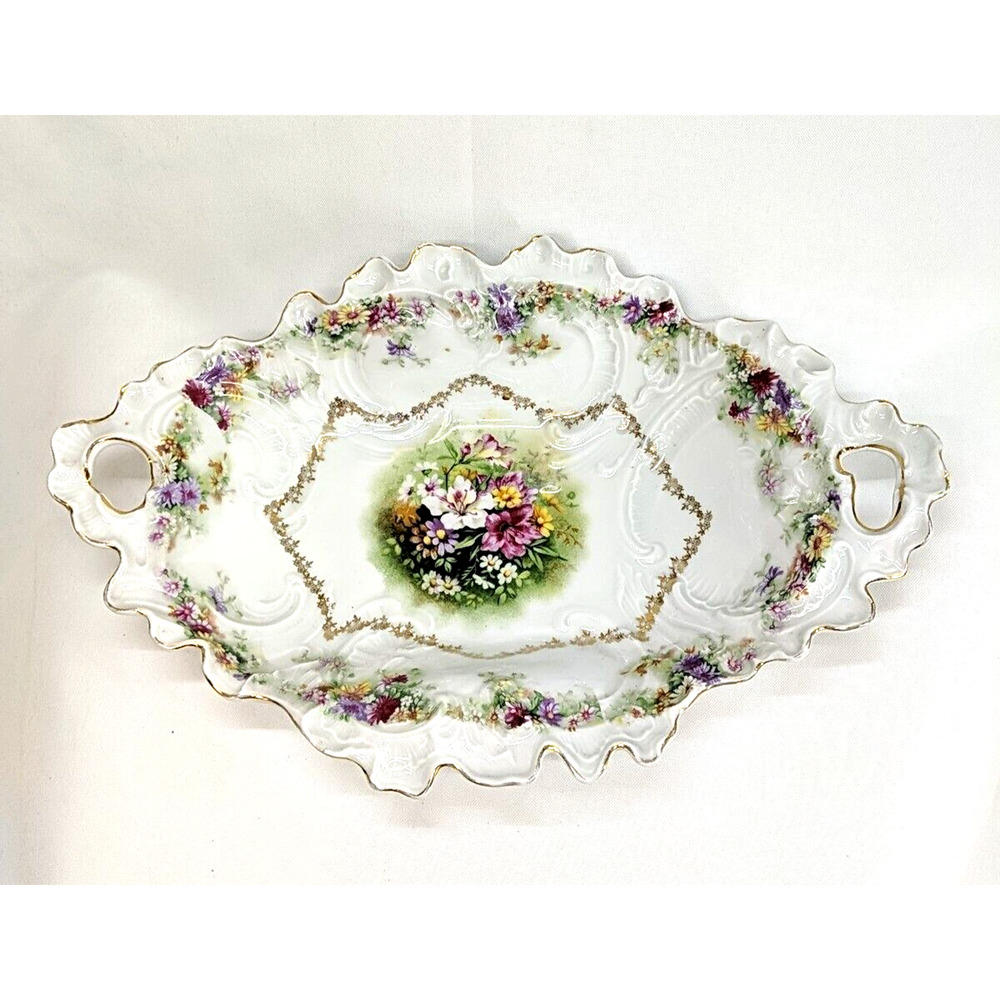 Vintage C.T Carl Tielsch Germany Fine China Raised Scroll Double Handled Bowl